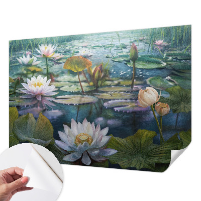 Self-adhesive wall mural with pond flowers motif