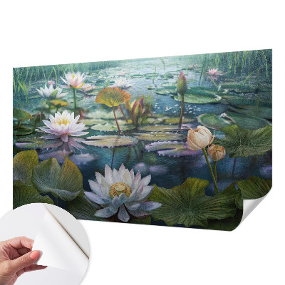 Self-adhesive wall mural with pond flowers motif