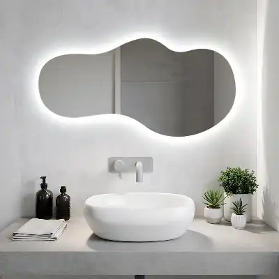 Organic shape LED backlit mirror for modern wall mounting