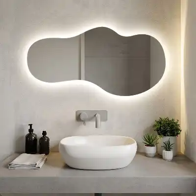 Organic shape LED backlit mirror for modern wall mounting