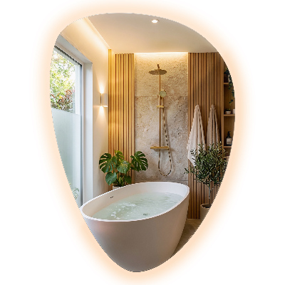 Organic egg-shaped mirror with backlight wall mount