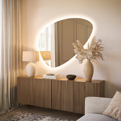 Organic egg-shaped mirror with backlight wall mount
