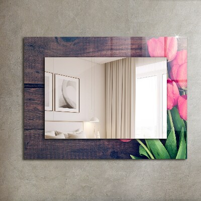 Wall mirror design Pink tulips wood