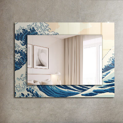 Mirror frame with print Great wave in Kanagawa