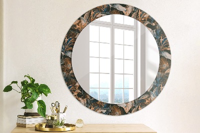 Round decorative wall mirror Dark tropical leaves