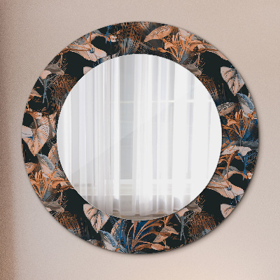 Round decorative wall mirror Dark tropical leaves