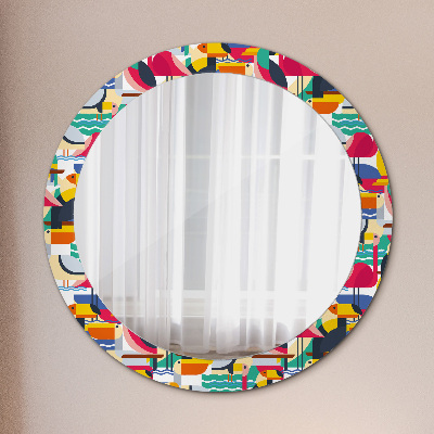 Round decorative wall mirror Geometric tropical birds