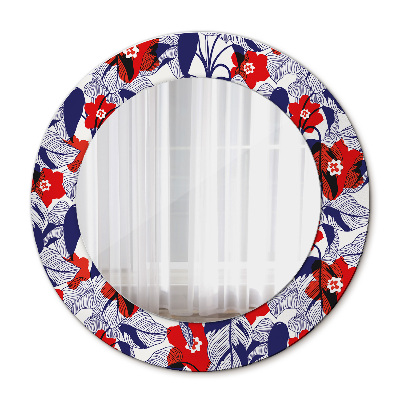 Round decorative wall mirror Philodendron and red flowers