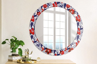 Round decorative wall mirror Philodendron and red flowers