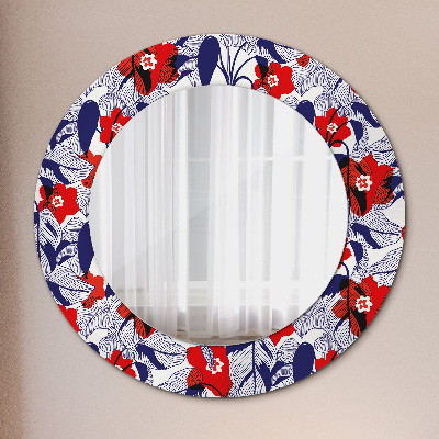 Round decorative wall mirror Philodendron and red flowers