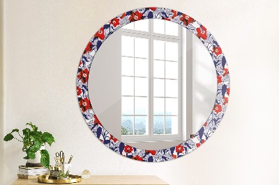 Round decorative wall mirror Philodendron and red flowers