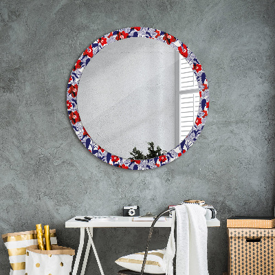 Round decorative wall mirror Philodendron and red flowers