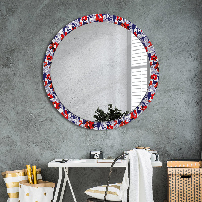 Round decorative wall mirror Philodendron and red flowers