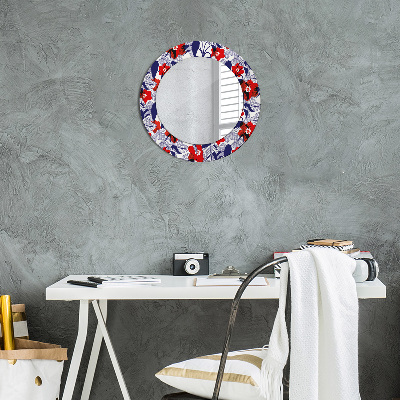 Round decorative wall mirror Philodendron and red flowers