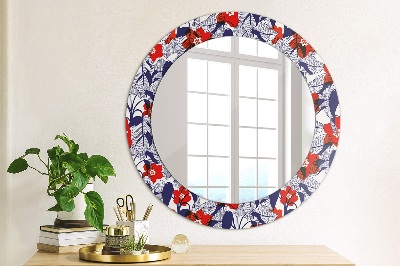 Round decorative wall mirror Philodendron and red flowers