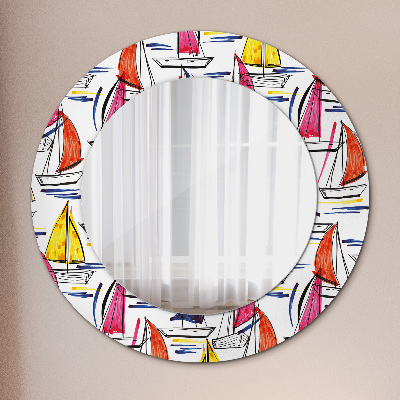 Round mirror decor Boat on the lake