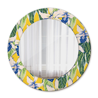 Round decorative wall mirror Blue and yellow orchids