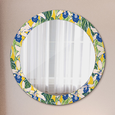 Round decorative wall mirror Blue and yellow orchids