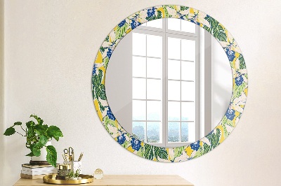 Round decorative wall mirror Blue and yellow orchids