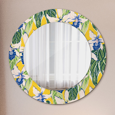 Round decorative wall mirror Blue and yellow orchids