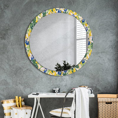 Round decorative wall mirror Blue and yellow orchids