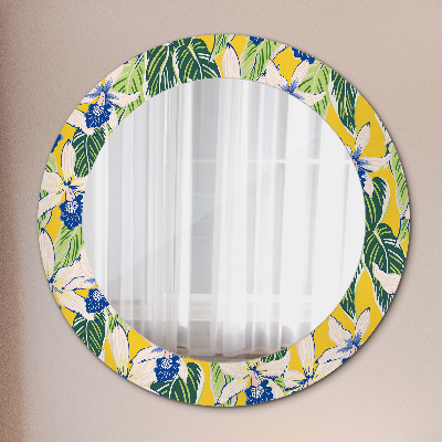 Round decorative wall mirror Blue and yellow orchids