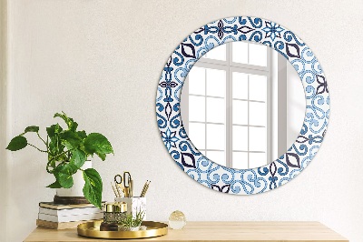 Round decorative wall mirror Blue arabic pattern