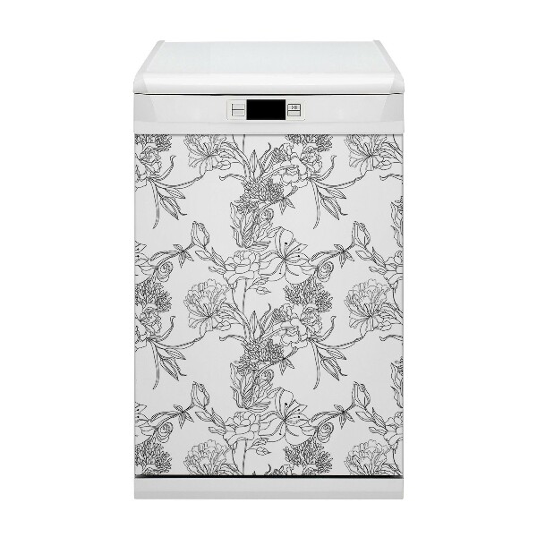 Magnetic dishwasher cover Black and white flowers