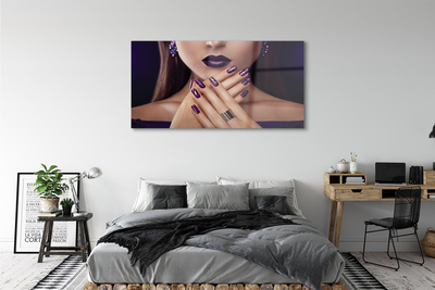 Acrylic print Female hands purple lips