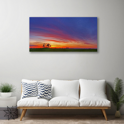 Canvas print Landscape field trees nature blue purple red yellow