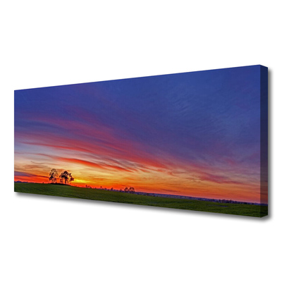 Canvas print Landscape field trees nature blue purple red yellow
