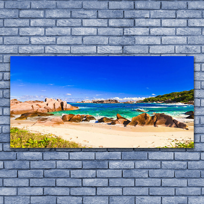 Canvas print Rocky beach sea landscape blue yellow green