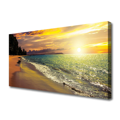Canvas print Sun beach sea tree landscape green yellow blue