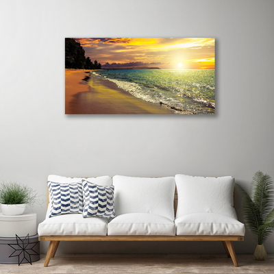 Canvas print Sun beach sea tree landscape green yellow blue