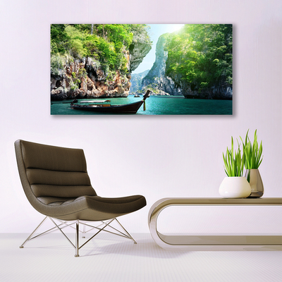 Canvas print Mountain water boat nature blue green grey