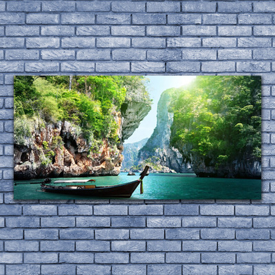 Canvas print Mountain water boat nature blue green grey