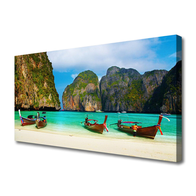 Canvas print Beach sea mountains landscape green grey blue