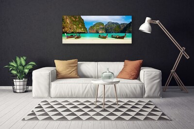 Canvas print Beach sea mountains landscape green grey blue