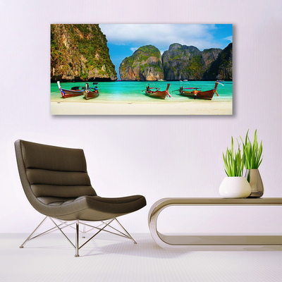 Canvas print Beach sea mountains landscape green grey blue