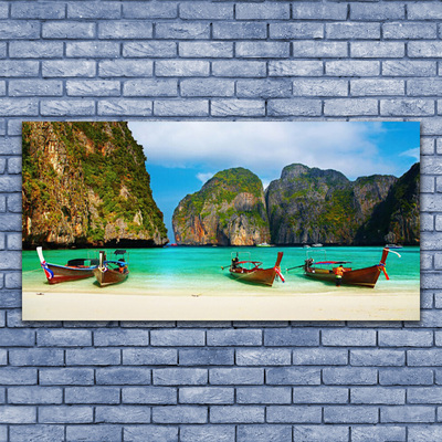 Canvas print Beach sea mountains landscape green grey blue