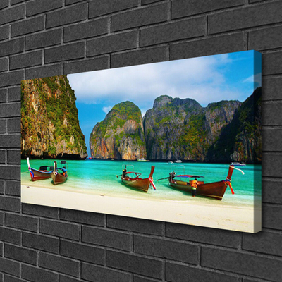 Canvas print Beach sea mountains landscape green grey blue