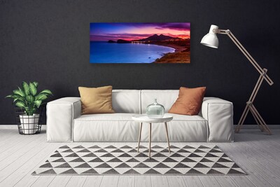 Canvas print Sea beach mountains landscape blue brown purple pink
