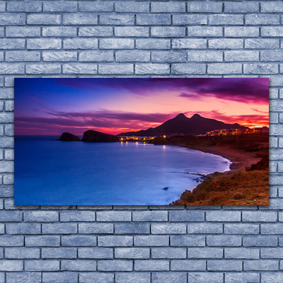 Canvas print Sea beach mountains landscape blue brown purple pink