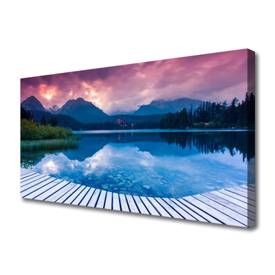 Canvas print Mountain lake landscape pink blue green