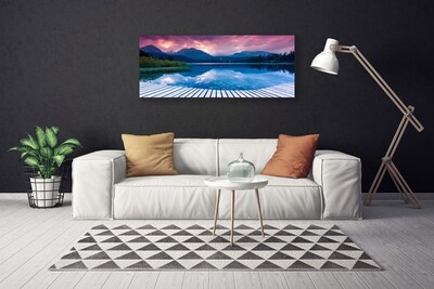 Canvas print Mountain lake landscape pink blue green