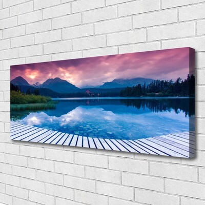 Canvas print Mountain lake landscape pink blue green