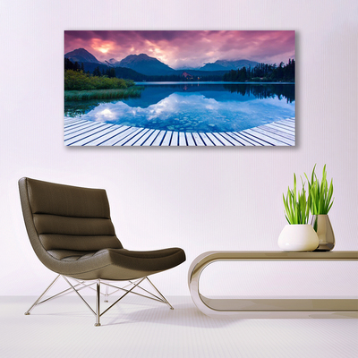 Canvas print Mountain lake landscape pink blue green