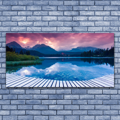 Canvas print Mountain lake landscape pink blue green