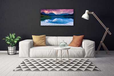 Canvas print Mountain lake landscape pink blue green