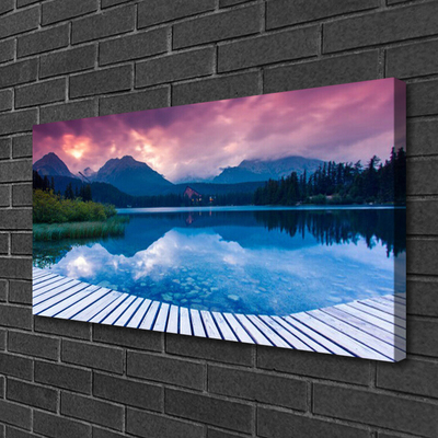 Canvas print Mountain lake landscape pink blue green